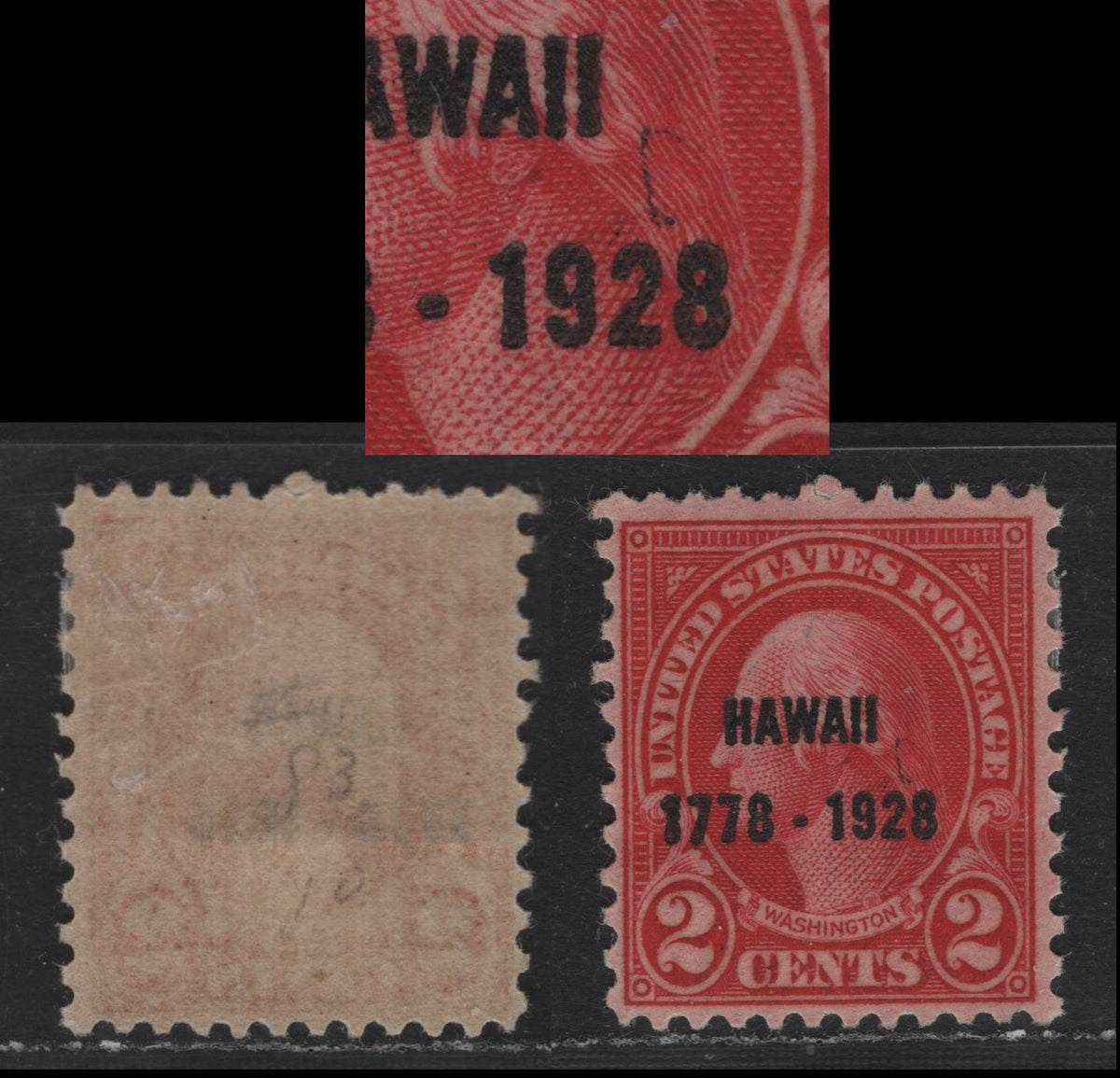 Lot 86 United States SC#647var 2c Carmine , 1928 Hawaii Sesquicentennial Issue, A VFOG Single, Hawaii Overprint, Showing Black Arc Above 28 Of Overprint, Type II Gum Breaker Ridges, 12 Vertical Gum Striations.
