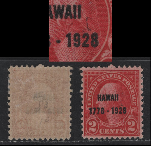 Lot 86 United States SC#647var 2c Carmine , 1928 Hawaii Sesquicentennial Issue, A VFOG Single, Hawaii Overprint, Showing Black Arc Above 28 Of Overprint, Type II Gum Breaker Ridges, 12 Vertical Gum Striations.