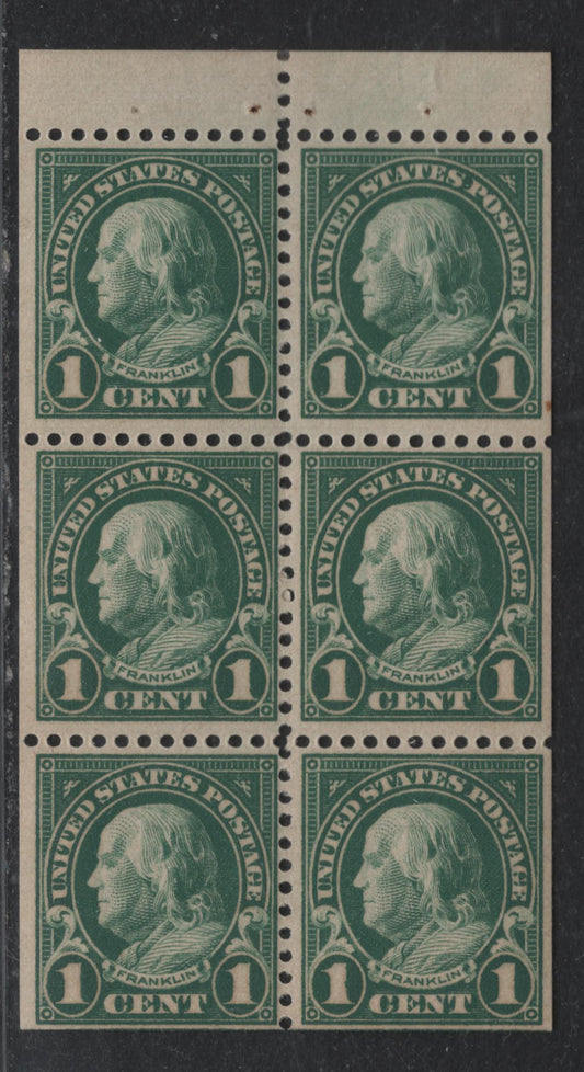 Lot 9 United States SC#552a 1c Green - Deep Green , 1922-1925 4th Bureau Issue, 2 VFOG/NH Booklet Panes Of 6, Deep Green Pane Is NH, Flat Plate Printing