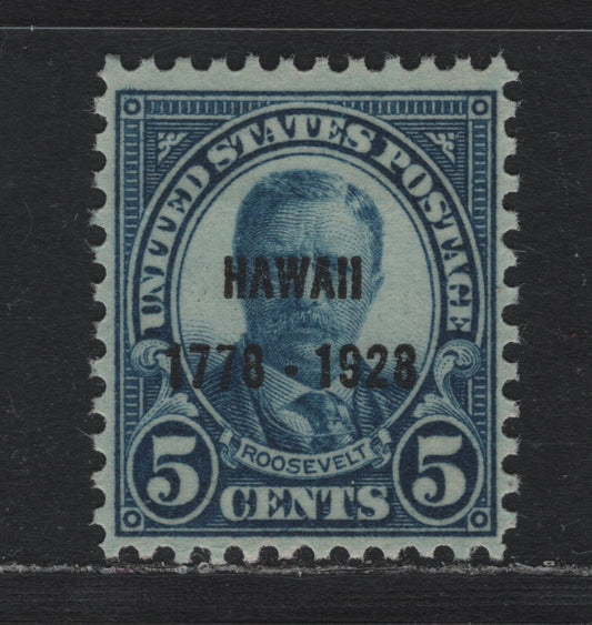 Lot 92 United States SC#648 5c Blue , 1928 Hawaii Sesquicentennial Issue, A VFNH Single, Hawaii Overprint, Type 2 Gum Breaker Ridges, 12 Vertical Gum Striations Per Inch.