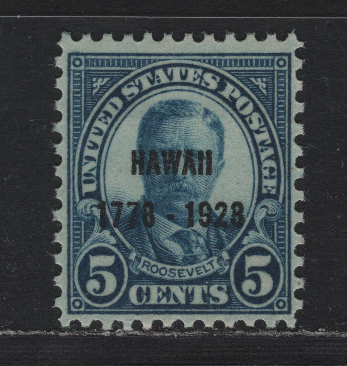 Lot 92 United States SC#648 5c Blue , 1928 Hawaii Sesquicentennial Issue, A VFNH Single, Hawaii Overprint, Type 2 Gum Breaker Ridges, 12 Vertical Gum Striations Per Inch.