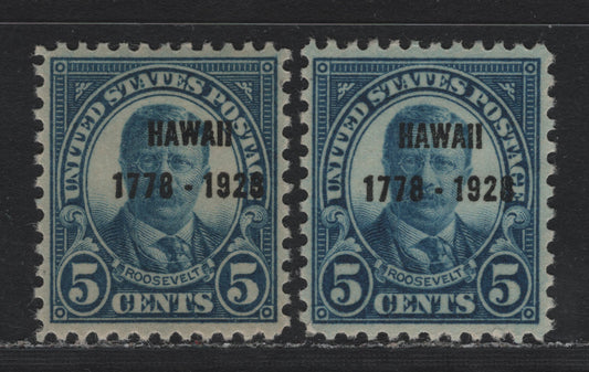 Lot 93 United States SC#648 5c Blue - Brighter Blue , 1928 Hawaii Sesquicentennial Issue, 2 VFOG Singles, Hawaii Overprint, Type II Gum Breaker Ridges Spaced 22mm Apart, 12 Vertical Gum Striations Per Inch.