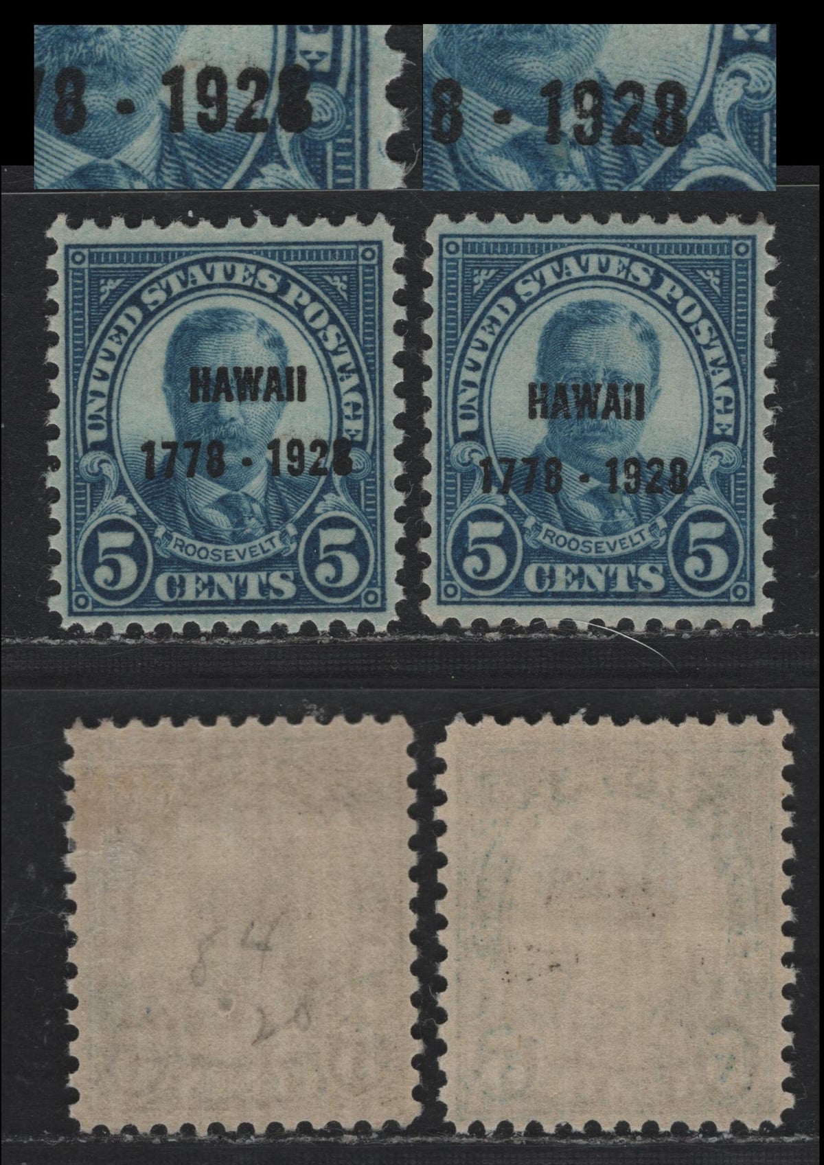 Lot 94 United States SC#648 5c Brighter Blue , 1928 Hawaii Sesquicentennial Issue, 2 VFOG Single, Hawaii Overprint, One Normal, One With Completely Filled In 8 Of 1928, Type 2 Gum Breaker Ridges Spaced 22mm Apart & 12 Vertical Striations Per Inch.