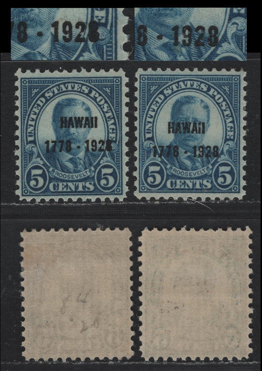 Lot 94 United States SC#648 5c Brighter Blue , 1928 Hawaii Sesquicentennial Issue, 2 VFOG Single, Hawaii Overprint, One Normal, One With Completely Filled In 8 Of 1928, Type 2 Gum Breaker Ridges Spaced 22mm Apart & 12 Vertical Striations Per Inch.