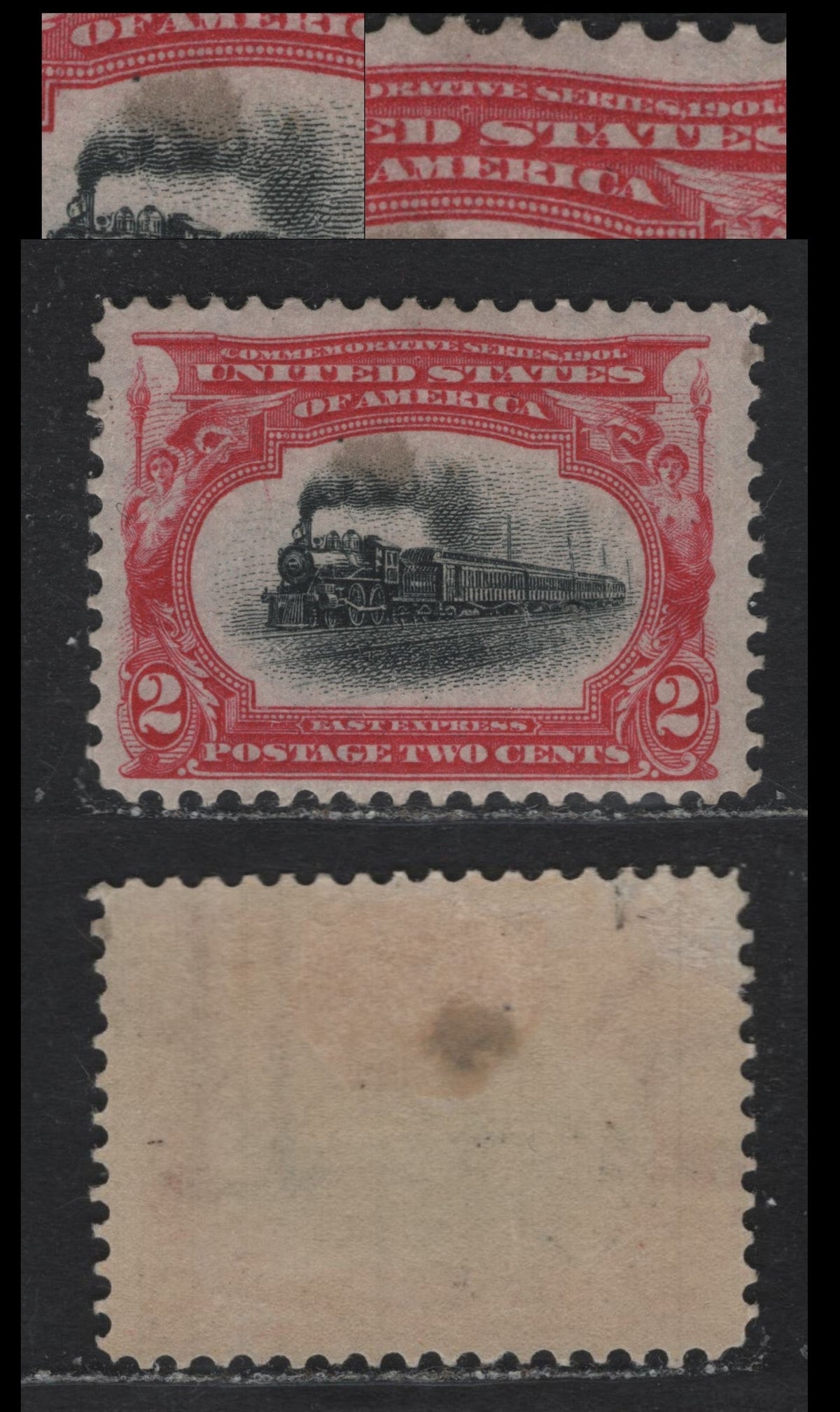 Lot 108 United States SC#295 2c Rose Carmine & Black , 1901 Pan-American Exposition Issue, A FOG Single, Upright Wmk, Showing Unlisted Plate Flaws, Small Gum Soak Stain In The Smoke Reduces The Grade To Fine.