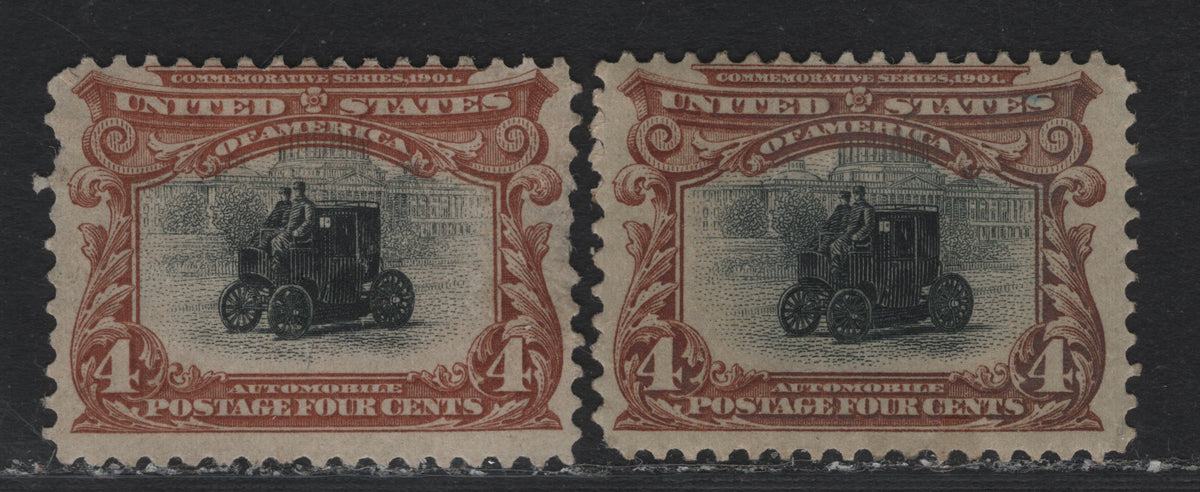 Lot 113 United States SC#296 4c Bistre Brown/Light Yellow Brown & Black , 1901 Pan-American Exposition Issue, 2 G/FOG Singles, Upright Wmk, Small Hinge Thin & Short Perfs