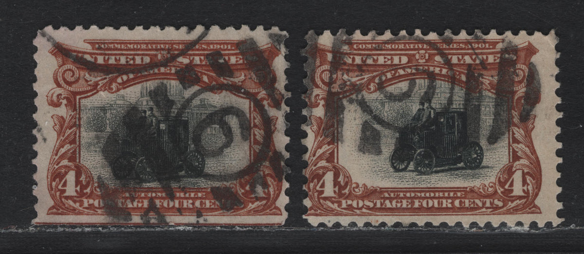 Lot 119 United States (C)SC#296 4c Orangy Brown/Deep Orangy Brown & Black , 1901 Pan-American Exposition Issue, 2 Very Good/Fine Used Singles, Upright Wmk, Crisp Barred Numeral Cancels Are Scarcer, As Most of The Time They Are Heavily Struck.