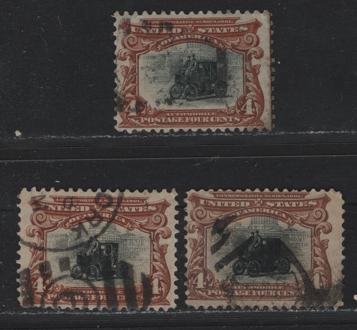 Lot 121 United States (C)SC#296 4c Orange Brown & Jet Black - Bistre Brown & Black , 1901 Pan-American Exposition Issue, 3 Very Good/Fine Used Singles, Inverted & Reversed Wmks, Orangy Brown & Silver Black Stamp Has A Light Diagonal Corner Crease
