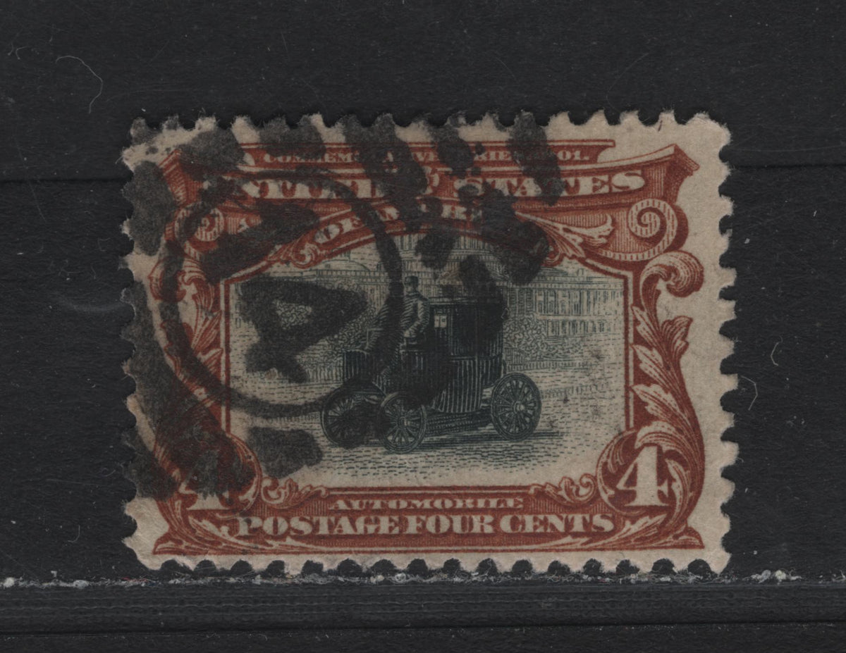 Lot 122 United States (C)SC#296 4c Deep Orangy Brown & Black , 1901 Pan-American Exposition Issue, A Fine Used Single, Inverted & Reversed Wmk, SON #4 Cancel, Numeral Cancels Struck SON are Scarce.