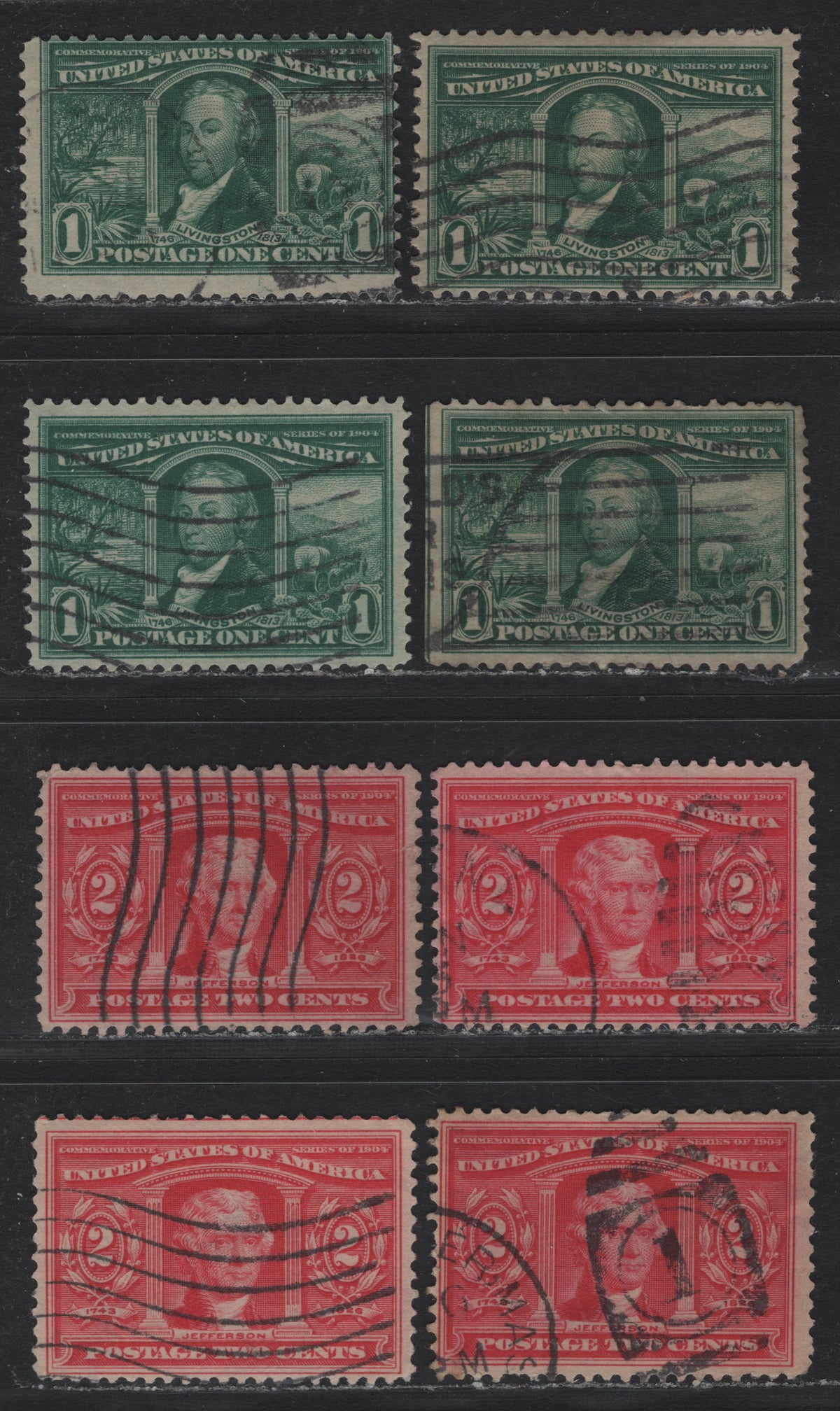 Lot 161 United States SC#323-324 1c -2c Dark Green - Rosine , 1904 Louisiana Purchase Issue, 8 Very Good/Fine Used Singles, All Watermark Orientations (Sideways, Sideways-Reversed, Sideways Inverted & Sideways Inverted & Reversed), One 2c Has A Tear