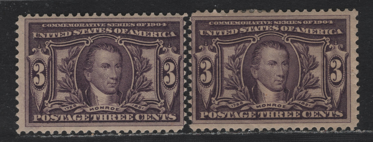 Lot 171 United States SC#325 3c Violet , 1904 Louisiana Purchase Issue, 2 FOG Singles, Sideways Inverted & Normal Wmks