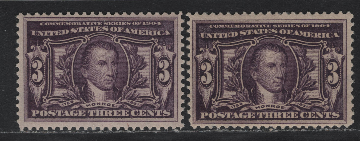 Lot 173 United States SC#325 3c Violet - Dark Violet , 1904 Louisiana Purchase Issue, 2 FOG Singles, Sideways Inverted & Reversed Wmks