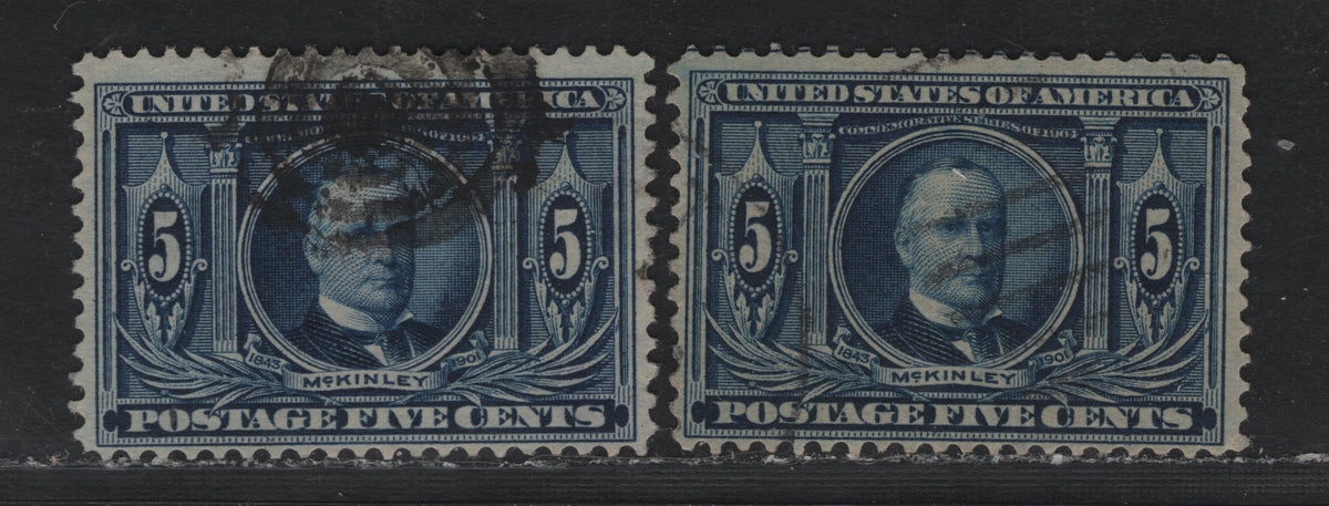 Lot 177 United States SC#326 5c Dark Blue , 1904 Louisiana Purchase Issue, 2 Very Good/Fine Used Singles, Sideways & Sideways Reversed, The Second Stamp Has A Very Small Margin Tear