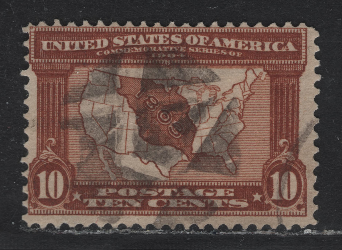 Lot 179 United States SC#327 10c Red Brown , 1904 Louisiana Purchase Issue, A Fine Used Single, Sideways Reversed Wmk, Fancy Cork Duplex Cancel, Very, Very Scarce.
