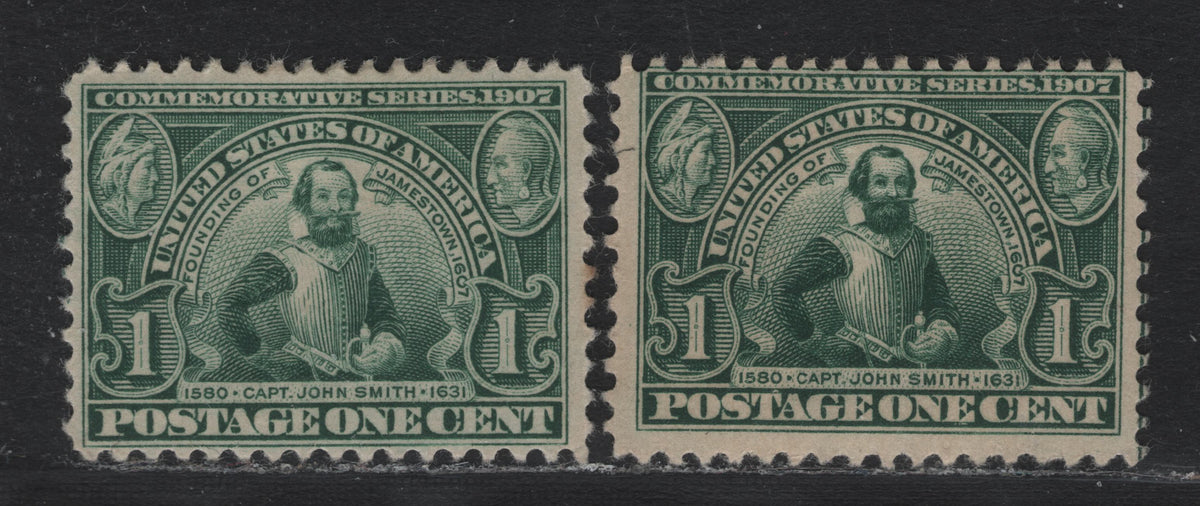 Lot 183 United States SC#328 1c Bluish Green - Deep Bluish Green , 1907 Jamestown Exposition Issue, 2 FOG Singles, Upright Wmks
