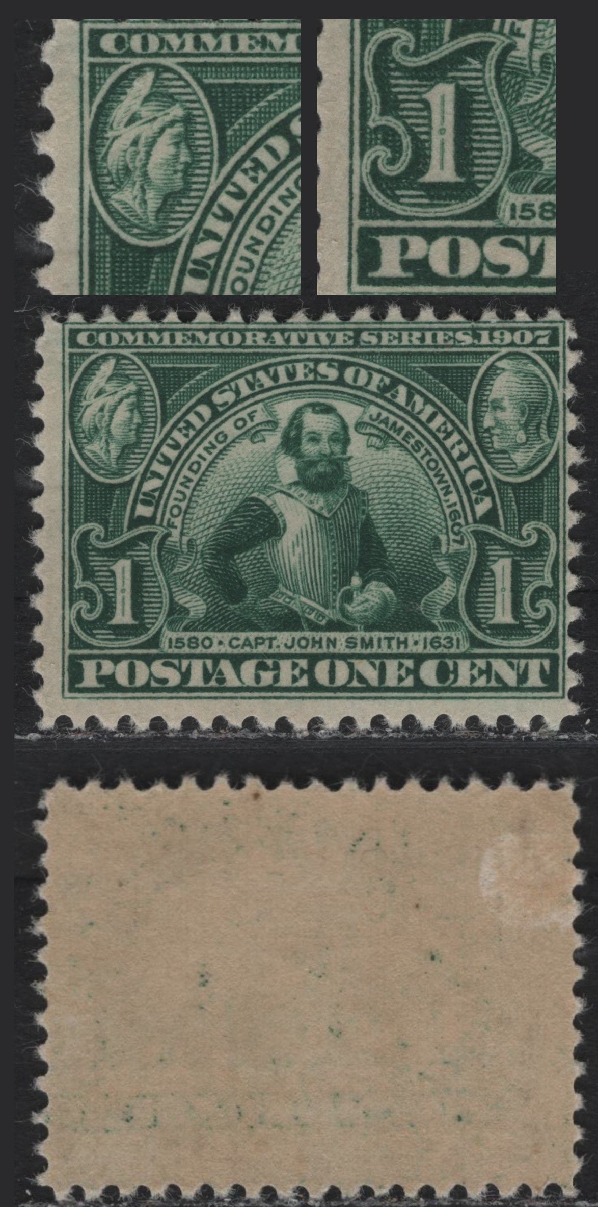 Lot 189 United States SC#328var 1c Deep Bluish Green , 1907 Jamestown Exposition Issue, A FOG Single, Reversed Wmk, Showing Double Transfer Involving The Left Value Tablet And UL Medallion, Right Framelines Doubled & Center Line Inside 1 Doubled.