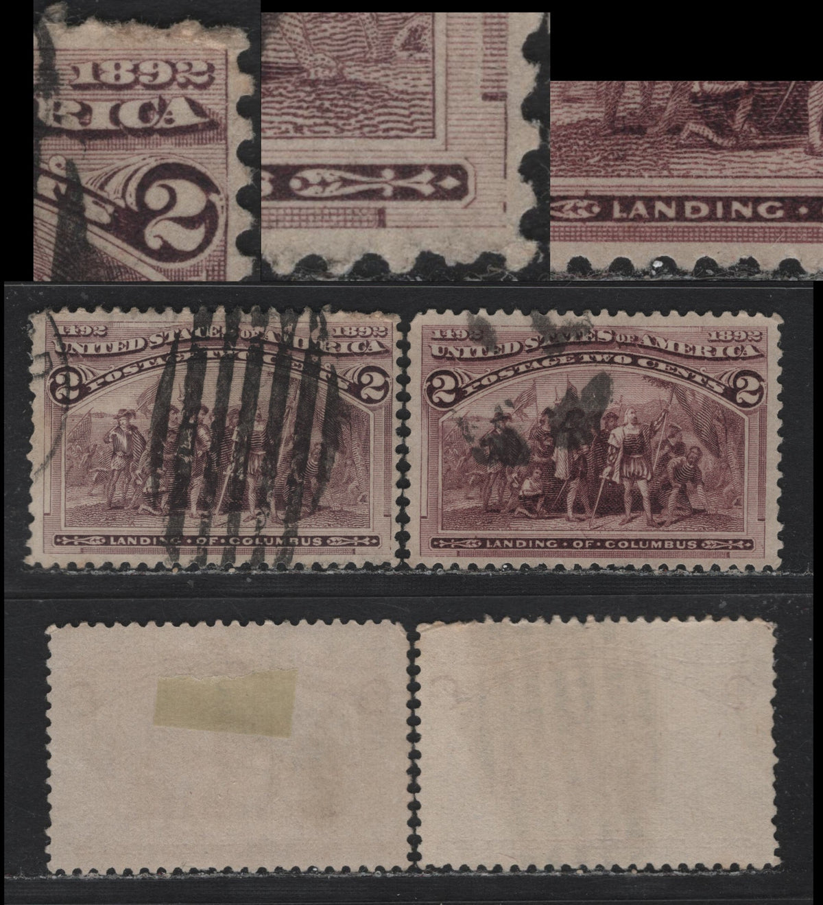 Lot 18 United States SC#231var 2c Dull Brown Violet - Deep Brown Violet , 1893 Columbian Exposition Issue, 2 Fine/Very Fine Used Singles, SON 7 Bar Duplex Oval Gris & Circle of Wedges Cork Cancels, Showing Different Varieties