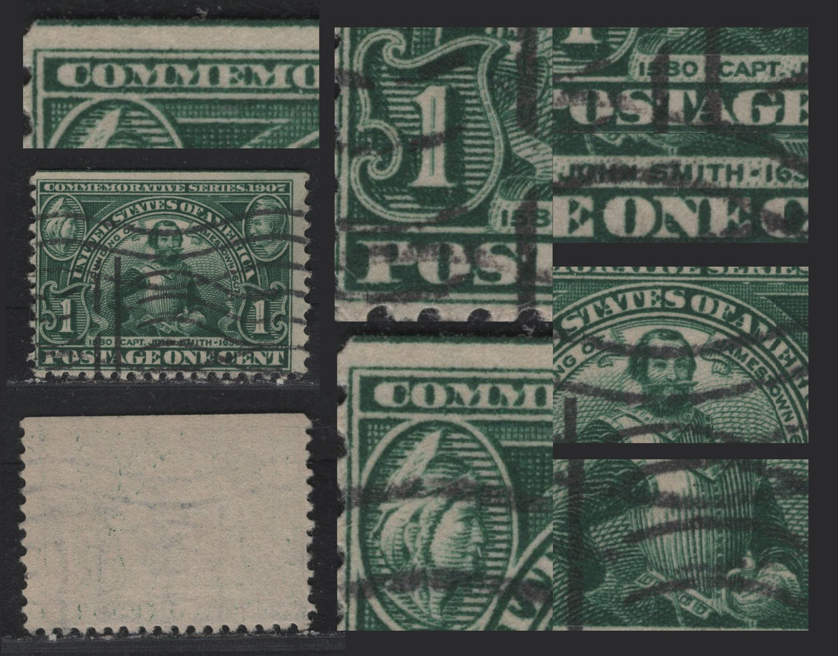 Lot 190 United States SC#328var 1c Bluish Green , 1907 Jamestown Exposition Issue, A Fine Used Single, Reversed Wmk, Major Double Transfer, Affecting Most Of The Design.