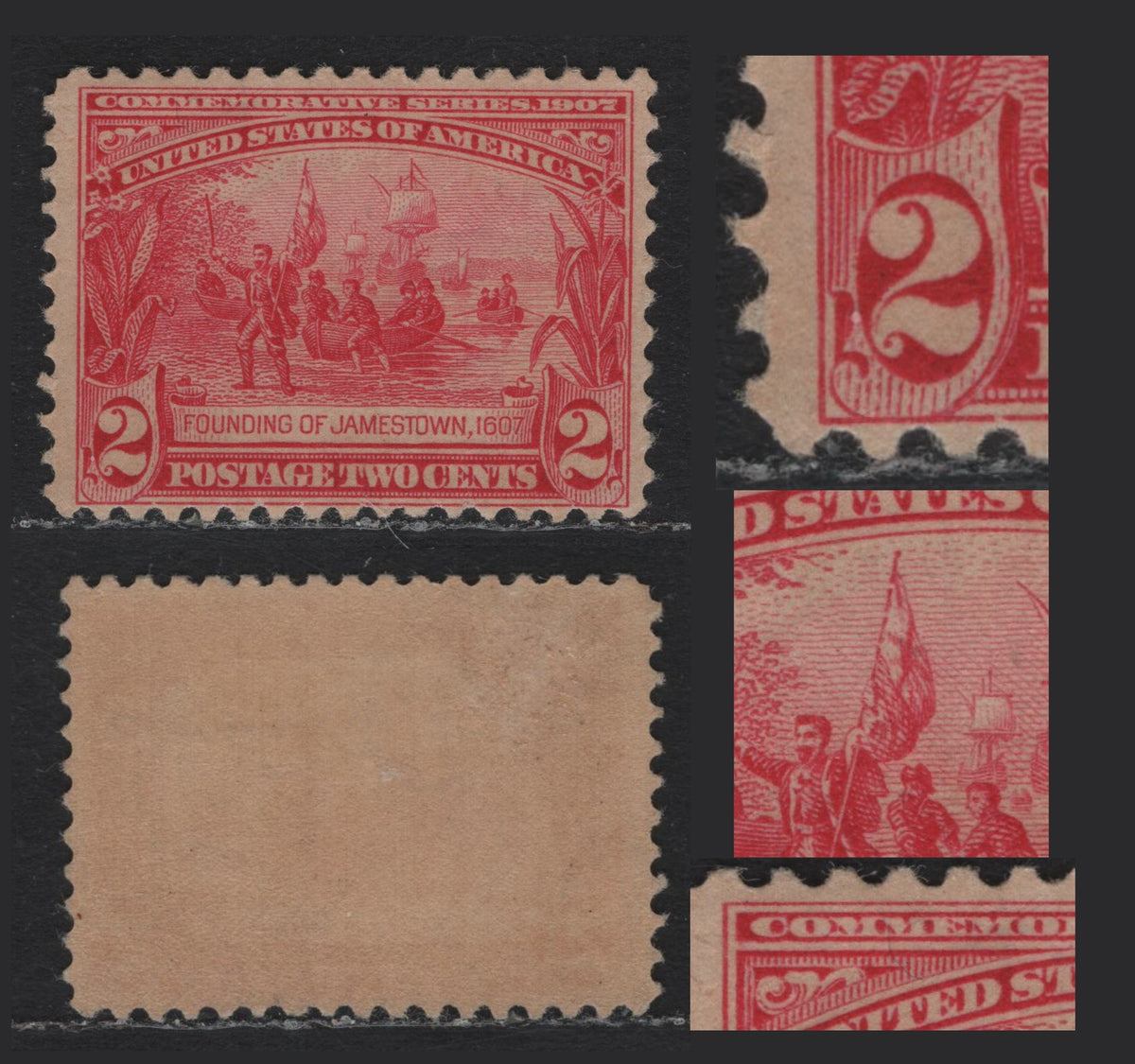 Lot 202 United States SC#329var 2c Pale Carmine Rose , 1907 Jamestown Exposition Issue, A FOG Single, Inverted & Reversed Wmk, Showing Flag Pole Broken In 3 Spots & Double Transfer