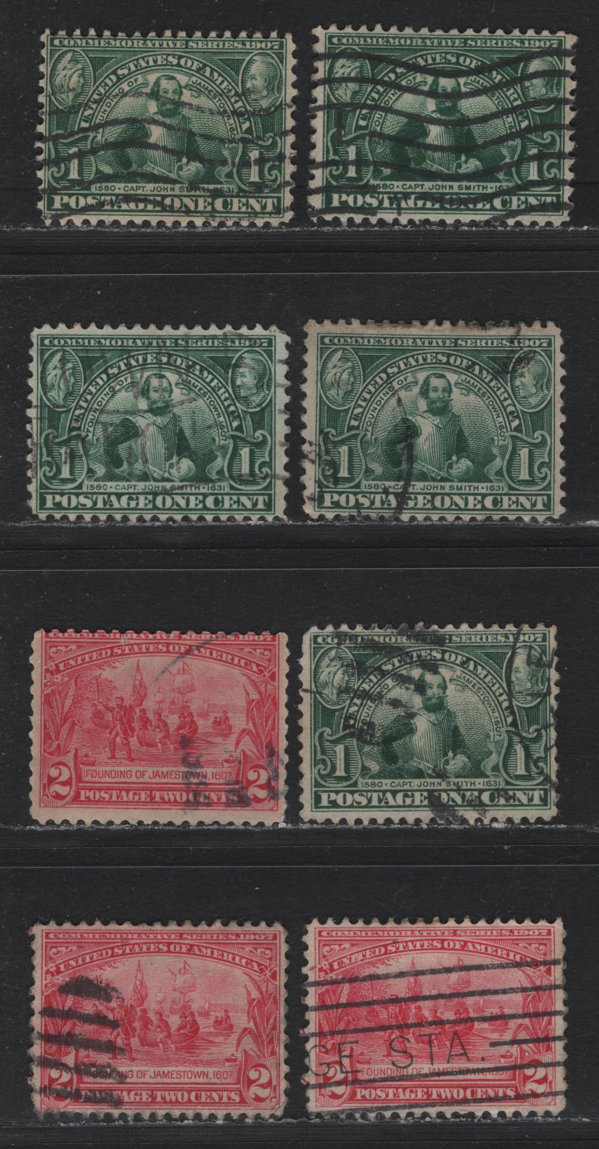 Lot 204 United States SC#328-329 1c - 2c Deep Green - Carmine Rose , 1907 Jamestown Exposition Issue, 8 Very Good/Fine/Very Fine Used Singles, All Watermark Orientations Except Inverted & Reversed On 2c