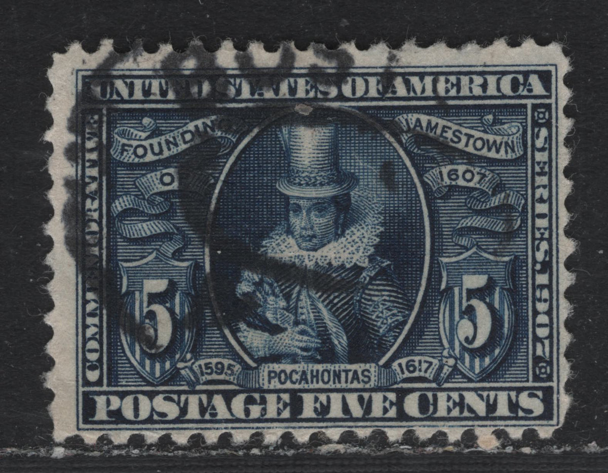 Lot 206 United States SC#330 5c Blue , 1907 Jamestown Exposition Issue, A Very Good Used Single, Inverted Wmk, Very Light Corner Crease At Lower Left