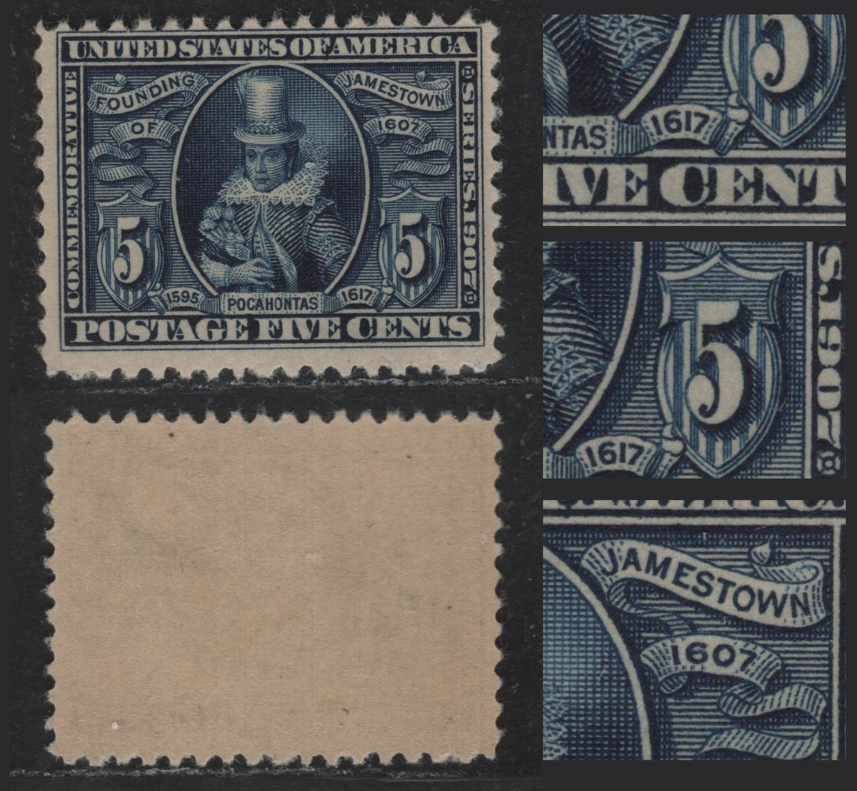 Lot 208 United States SC#330var 5c Dark Blue , 1907 Jamestown Exposition Issue, A FOG Single, Reversed Wmk, Showing Triple Point Left Shifted Double Transfer