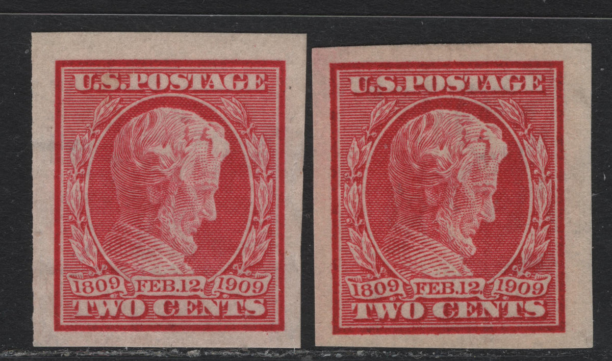 Lot 215 United States SC#368 2c Carmine , 1909 Lincoln Birth Centenary Issue, 2 VFOG Imperf Singles, Upright & Reversed