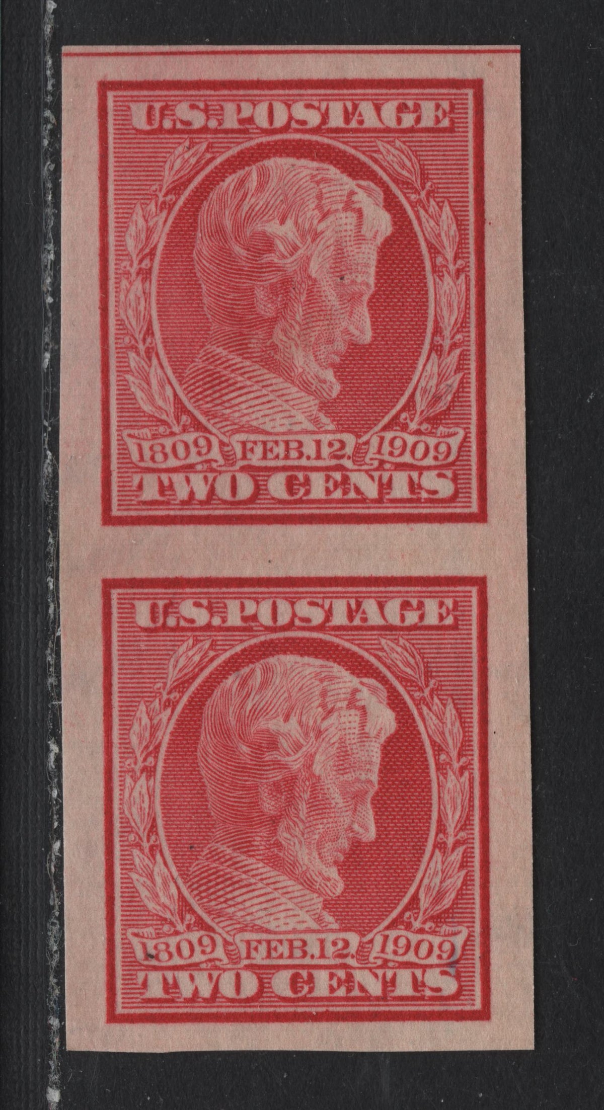 Lot 217 United States SC#368 2c Rose Carmine , 1909 Lincoln Birth Centenary Issue, A VFOG/NH Center Line Vertical Imperf Pair, Inverted & Reversed Wmk, LH On Top, NH On Bottom
