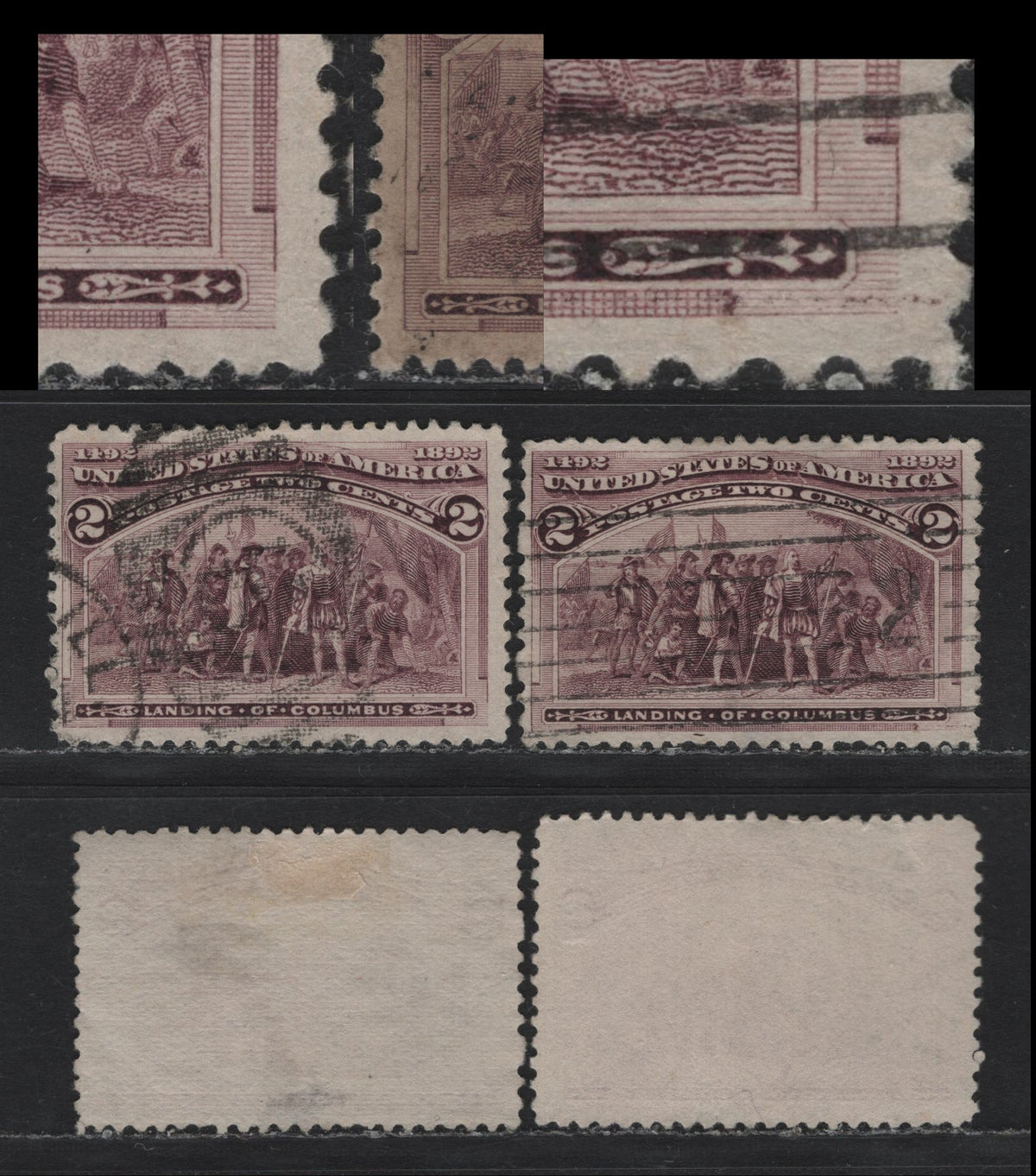Lot 21 United States SC#231var 2c Brown Violet , 1893 Columbian Exposition Issue, 2 Fine Used Singles, Both Showing Broken Frameline At Lower Right, Second Example Showing Large Horizontal Dash In Lower Margin Under G of Landing