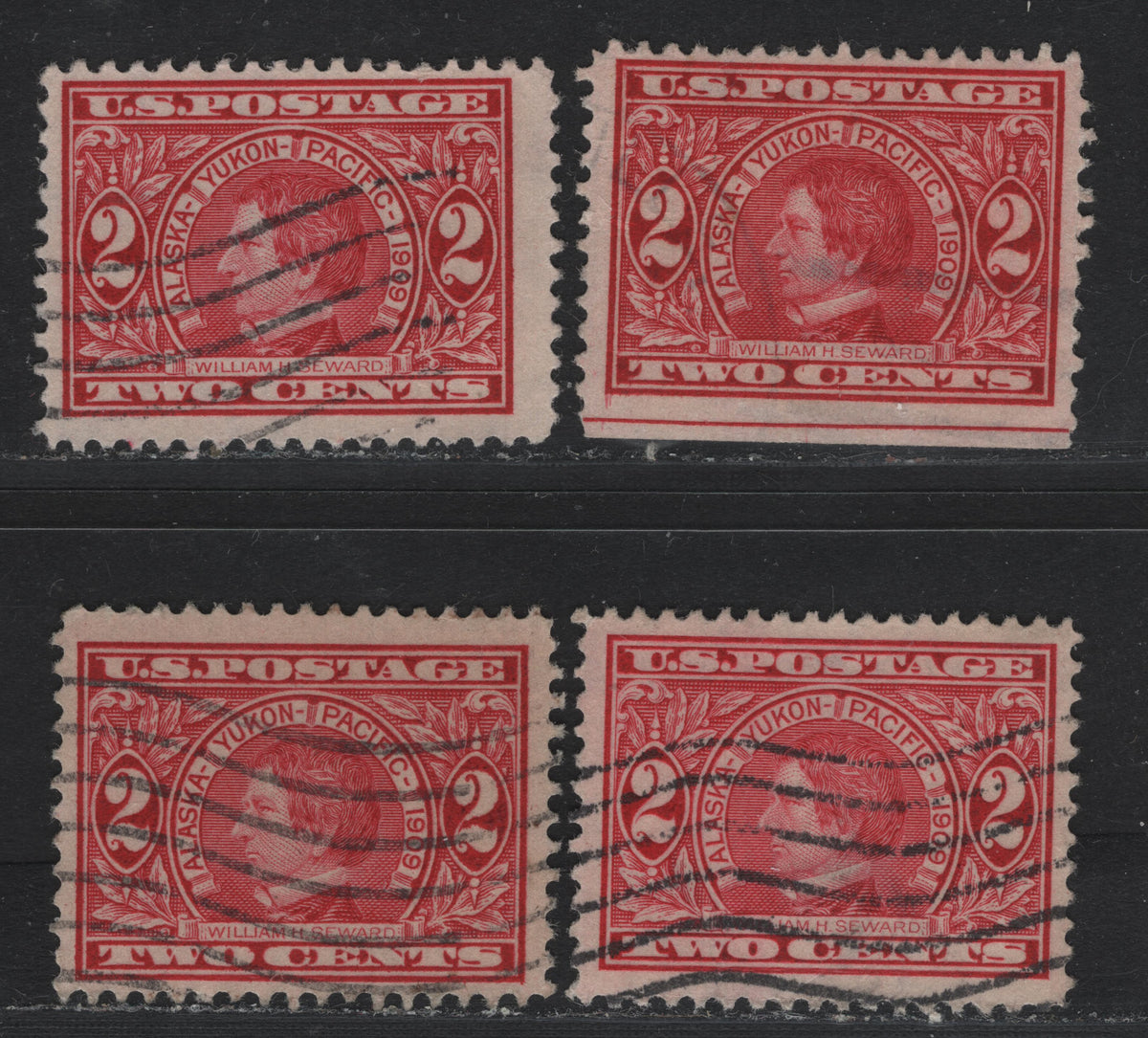 Lot 228 United States SC#370 2c Carmine , 1909 Alaska Yukon Pacific Exposition Issue, 4 Fine Used Singles, All 4 Watermark Positions