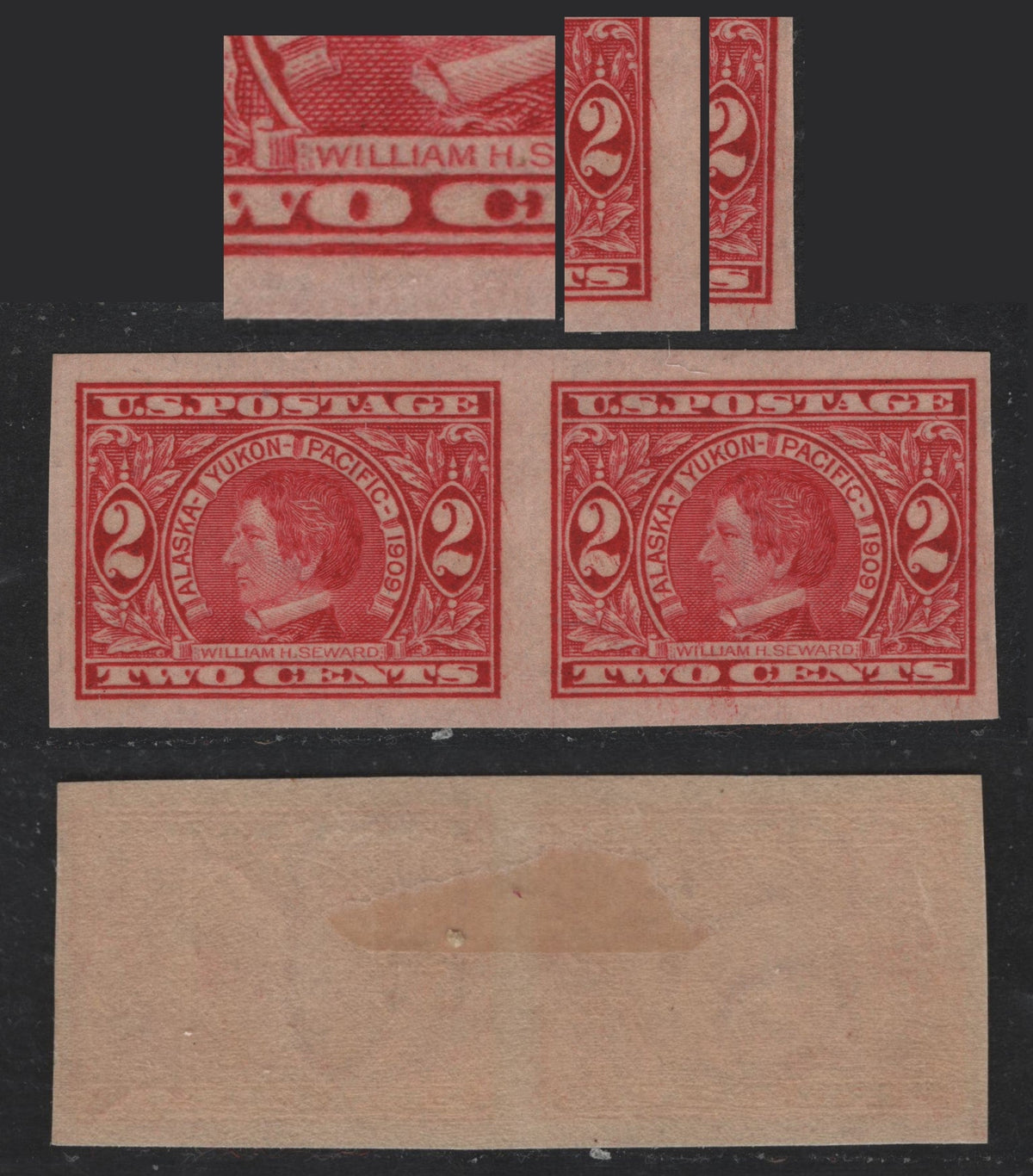 Lot 232 United States SC#371var 2c Carmine , 1909 Alaska Yukon Pacific Exposition Issue, A VFOG Imperf Pair, Ribbed Effect Paper, Upright Wmk, Showing Double Transfer.