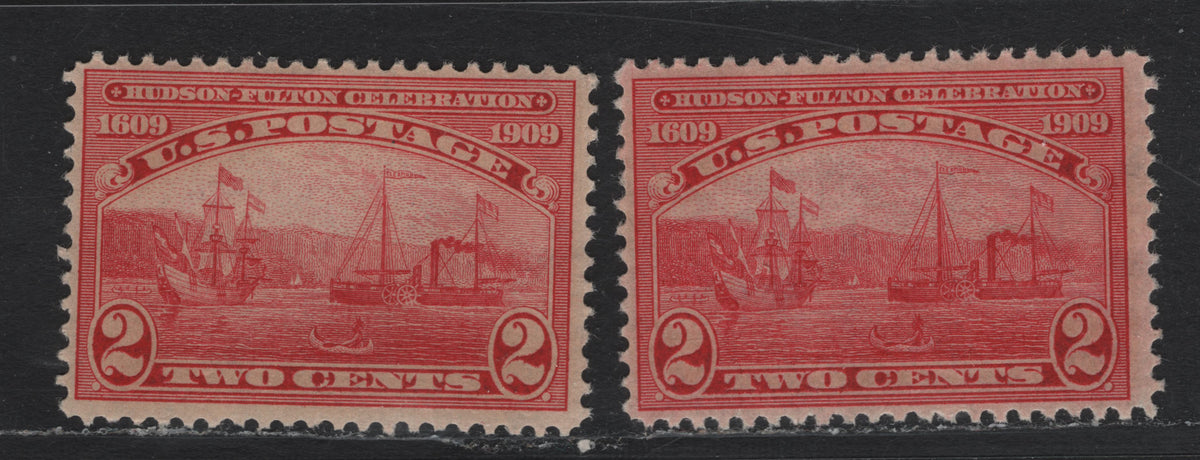 Lot 242 United States SC#372var 2c Carmine , 1909 Hudson-Fulton Celebration Issue, 2 FNH Singles, Inverted Wmks, Two Shades, Ribbed Effect Paper.