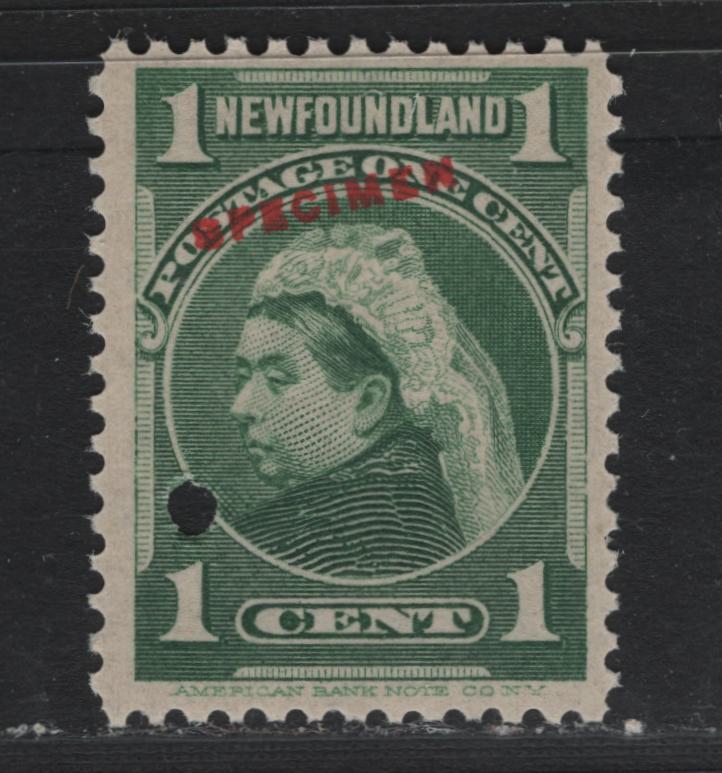 Lot 283 Newfoundland (C)SC#80as 1c Deep Green , 1897-1901 Royal Family, A VFNH Single, ABNN-H Paper, Small Specimen Overprint, 2mm Security Punch
