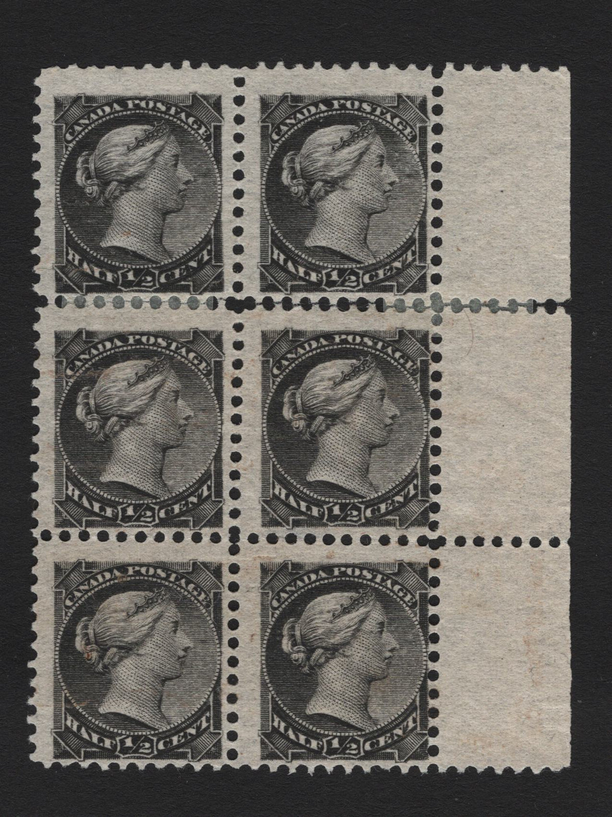 Lot 287 Canada (C)SC#34 1/2c Black , 1870-1893 Small Queen Issue, A Fine Unused Right Sheet Margin Block Of 6, 2nd Ottawa Printing, Positions 9-10, 19-20 & 29-30, Positions 9-10, 20 Showing Re-Entries.