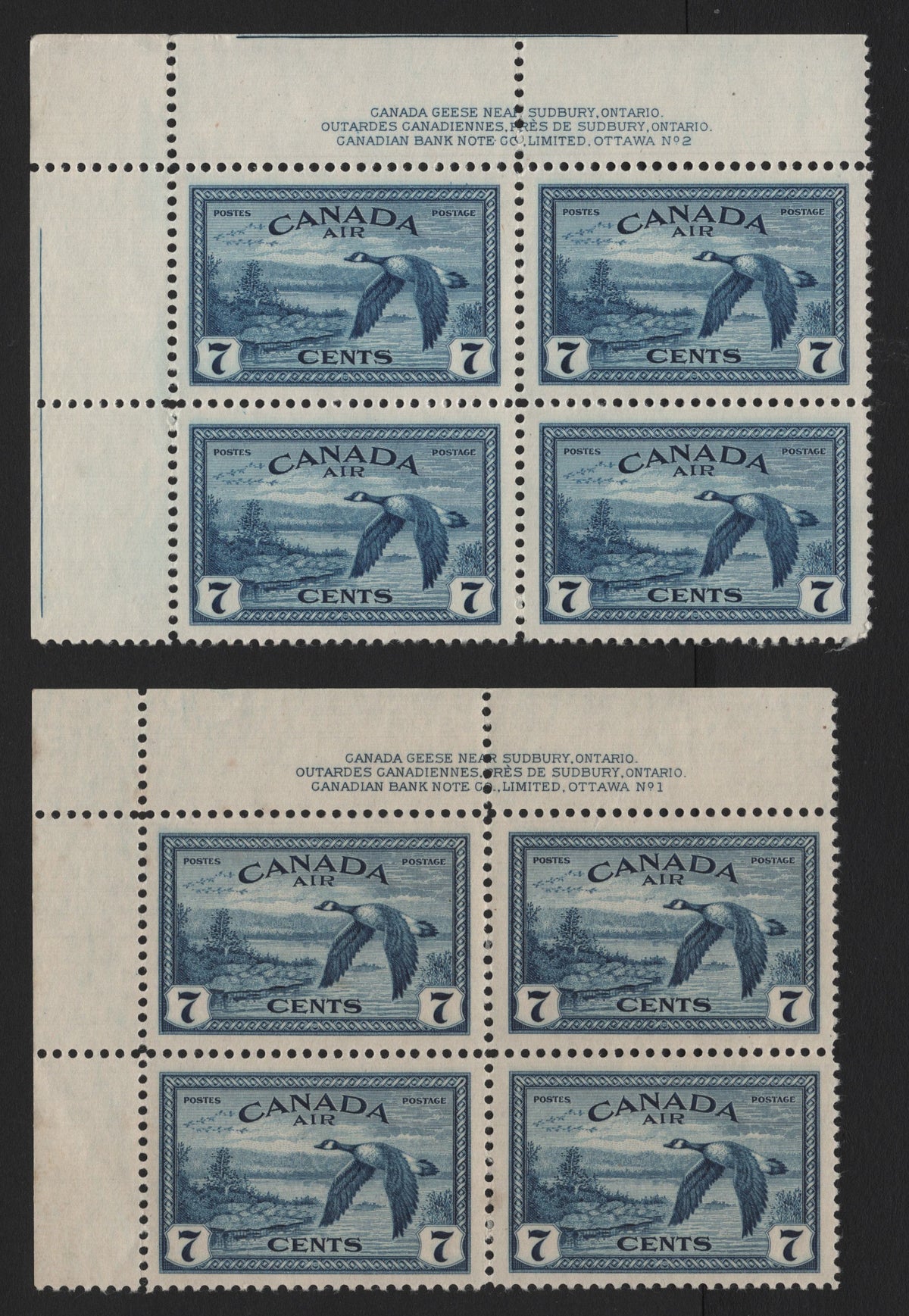 Lot 291 Canada (C)SC#C9 7c Blackish Blue - Brighter Steel Blue , 1946 Airmail Issue, 2 VFNH UL Blocks Of 4, Plates 1 & 2, Both On Horizontal Ribbed Paper, Yellow Satin & Yellow Semi Gloss Gum, Semi Transparent & Transparent (CBN-OOOOOOO & CBN-HHHHHH).