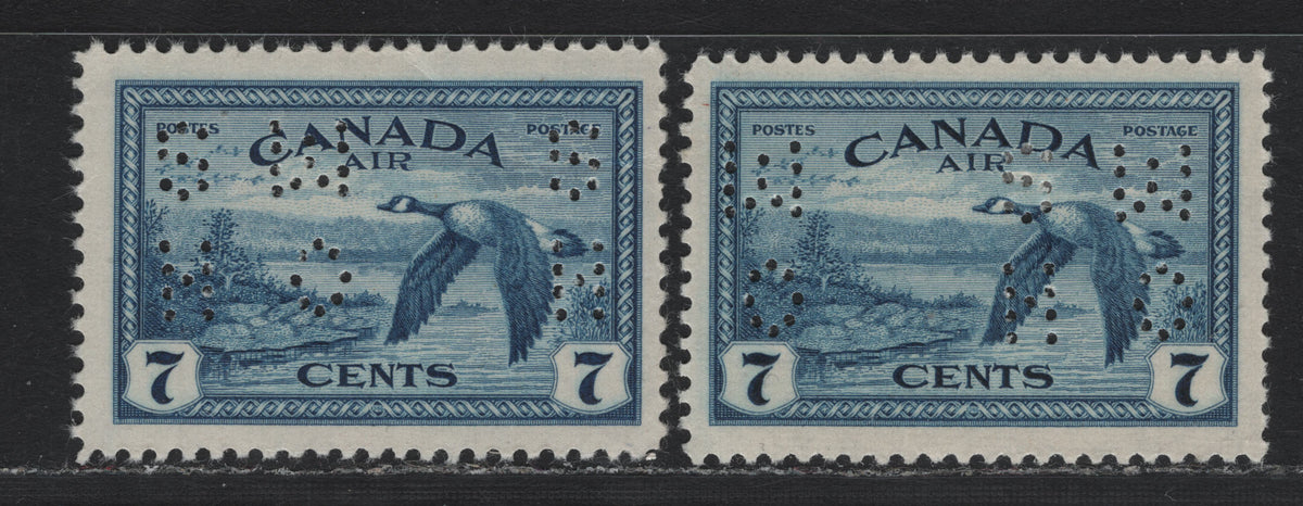 Lot 292 Canada (C)SC#CO9-C9, O10-C4 7c Deep Bright Blue - Deep Prussian Blue , 1946 Airmail Issue, 2 F/VFNH Singles, Inverted OHMS Perfin (Pos. 3), Each Die Type On Horizontal Ribbed Vertical Wove With Yellowish Cream Semi Gloss Gum (CBN-DDDDDDD)