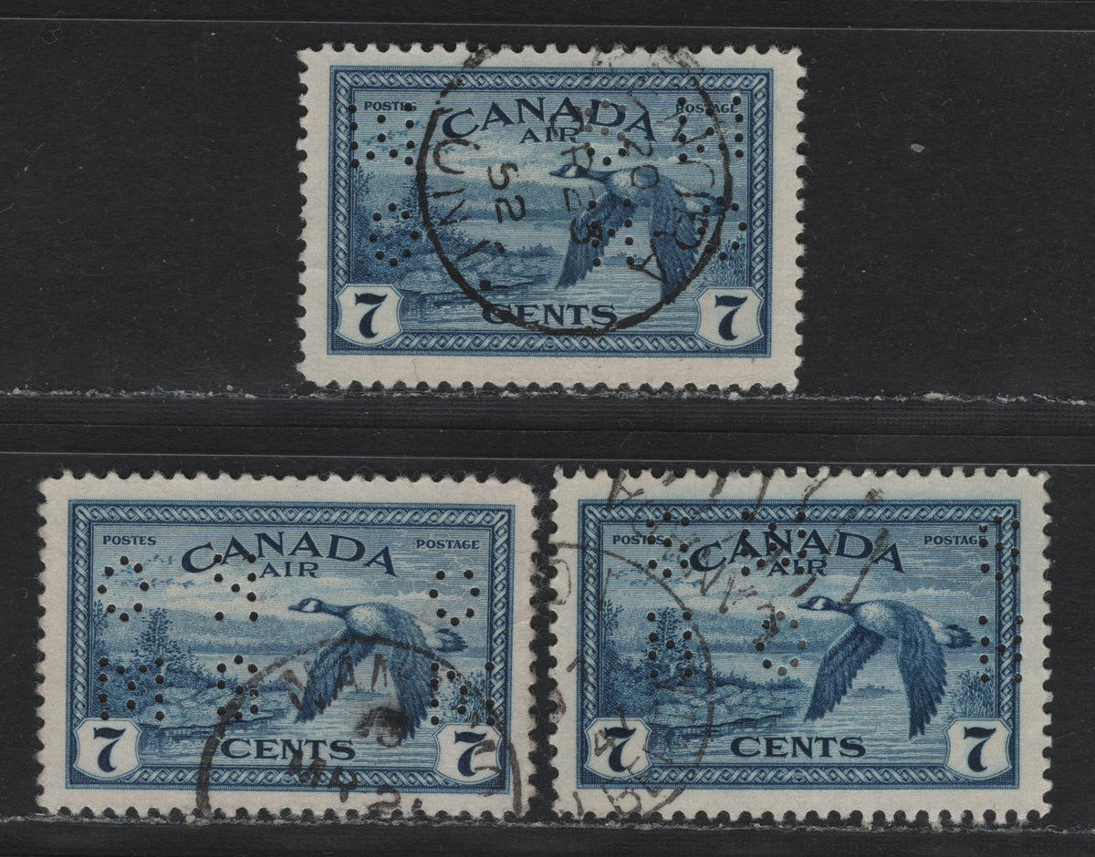 Lot 294 Canada (C)SC#O10-C9 7c Blue , 1946 Airmail Issue, 3 Very Fine Used Singles, Three Examples Of The OHMS Perfin, Two From Pos. 3 & One From Pos. 1, All Are Revised Die.