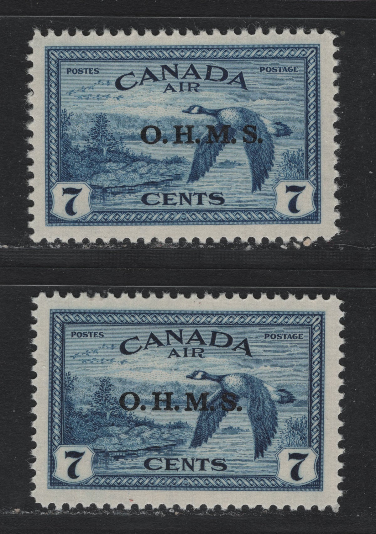 Lot 295 Canada (C)SC#CO1 7c Deep Blue , 1946 Airmail Issue, A VFNH Single, OHMS Overprint, Lightly Ribbed Vertical Wove Paper, Two Examples, Both Showing The Overprint In 2 Positions, Smooth Cream Semi Gloss Gum (CBN-RRRR).
