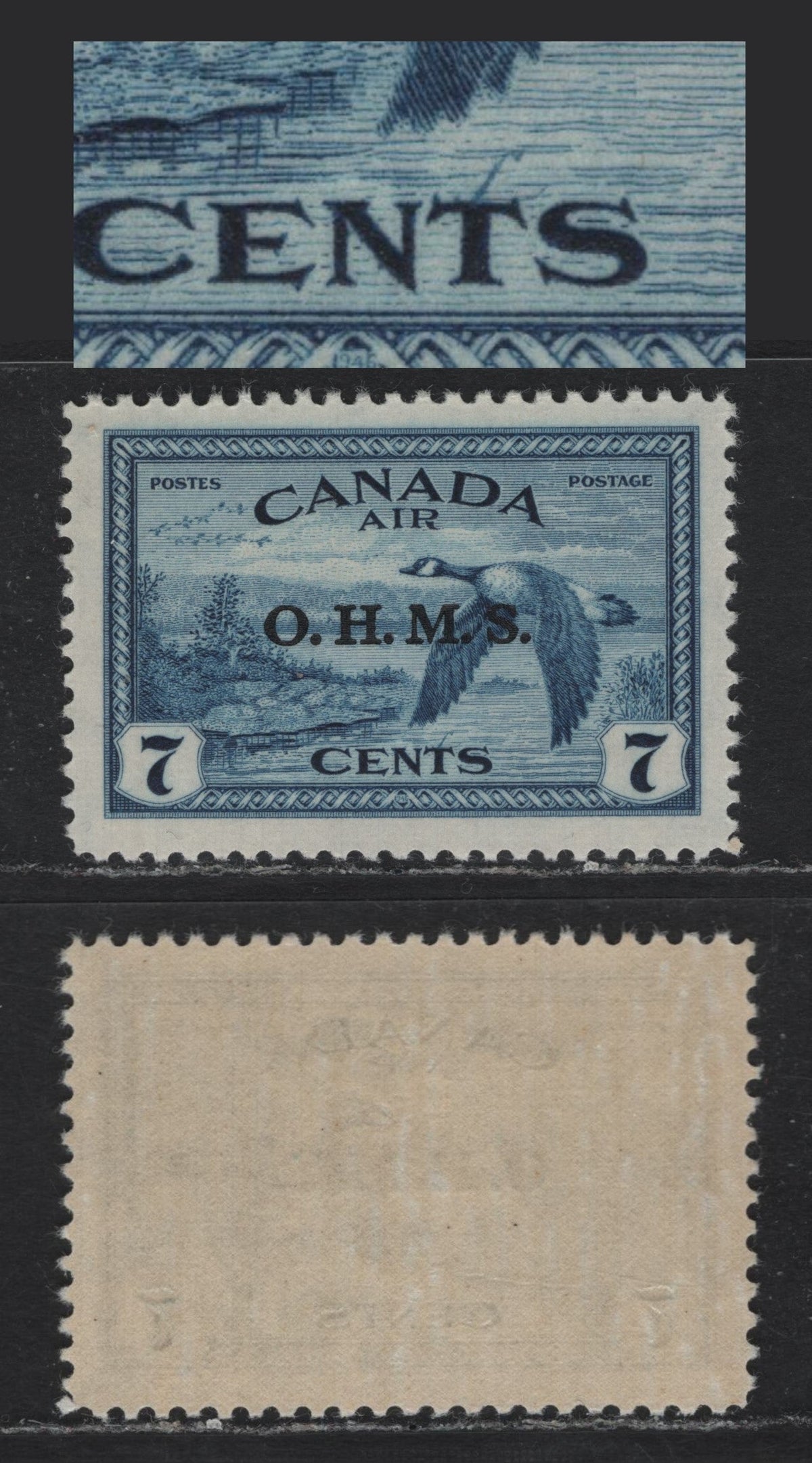 Lot 296 Canada (C)SC#CO1var 7c Deep Blue , 1946 Airmail Issue, A VFOG Single, Lightly Ribbed Vertical Wove With Streaky Semi Gloss Cream Gum, Showing Unlisted Diagonal Scratch From T Of Cents, Paper Type CBN-UUUUU.