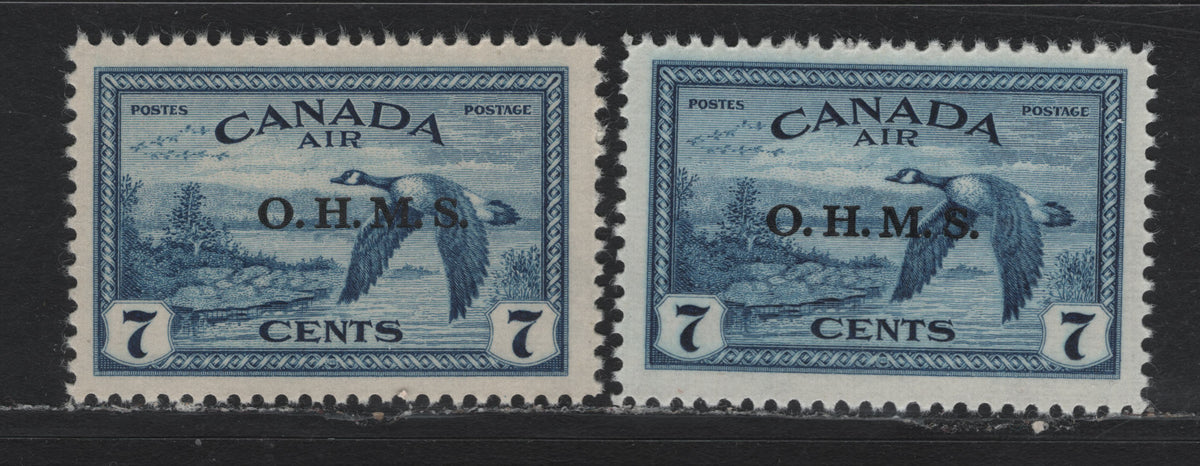 Lot 297 Canada SC#CO1 7c Deep Blue , 1946 Airmail Issue, 2 VFNH Singles, As Lot 295 But Streaky Yellowish Cream Gum, Instead Of Smooth (I.e Paper Types CBN-TTTT & CBN-UUUUU)