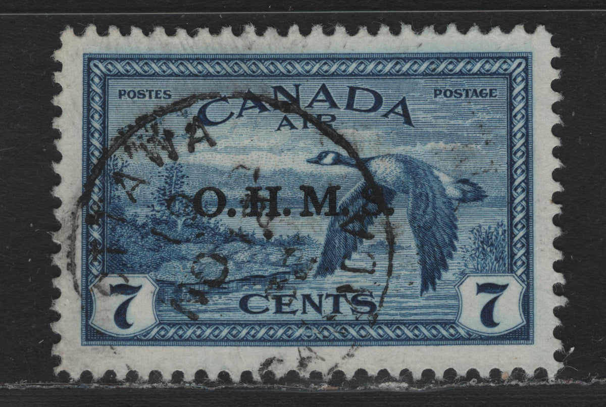 Lot 300 Canada SC#CO1 7c Deep Blue , 1946 Airmail Issue, A Very Fine Used Single, OHMS Overprint, SON November 12 1952 Ottawa CDS, Smooth Opaque White Wove Paper.