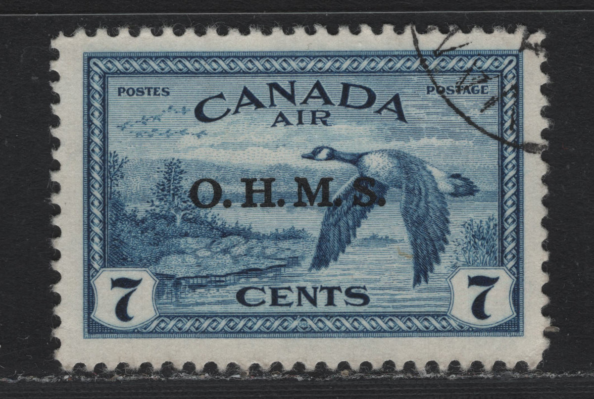 Lot 301 Canada SC#CO1 7c Deep Blue , 1946 Airmail Issue, A Very Fine Used Single, OHMS Overprint, Smoother Vertical White Wove Paper, Light Corner CDS.