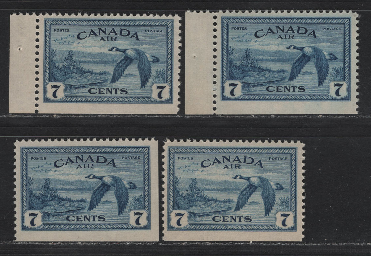 Lot 307 Canada SC#C9bs 7c Blue , 1946 Airmail Issue, 4 VFNH Booklet Singles, Ribbed Vertical Wove Paper, Streaky & Smooth Yellowish Gum