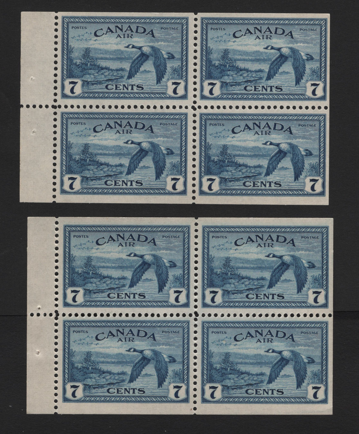 Lot 308 Canada SC#C9b 7c Deep Blue , 1946 Airmail Issue, 2 VFNH Booklet Panes Of 4, Very Thin Horizontal Ribbed Paper (CBN-YYYYYYY & CBN-AAAAAAAA), 12mm Staple Holes, Yellowish Satin Gum With Normal For Comparison.