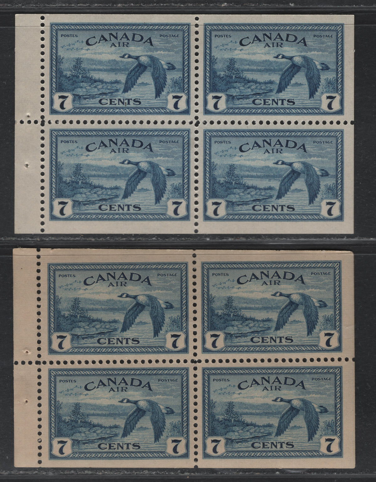 Lot 309 Canada #C9b 7c Deep Bright Blue , 1946 Airmail Issue, 2 VFNH Booklet Panes Of 4, Ribber Vertical Wove With Smooth Felt Side (CBN-BBBBBBBB & CBN-ZZZZZZZ), Yellowish Cream & Brownish Cream Gum, Semi Gloss Sheen, 12mm Staple Holes.