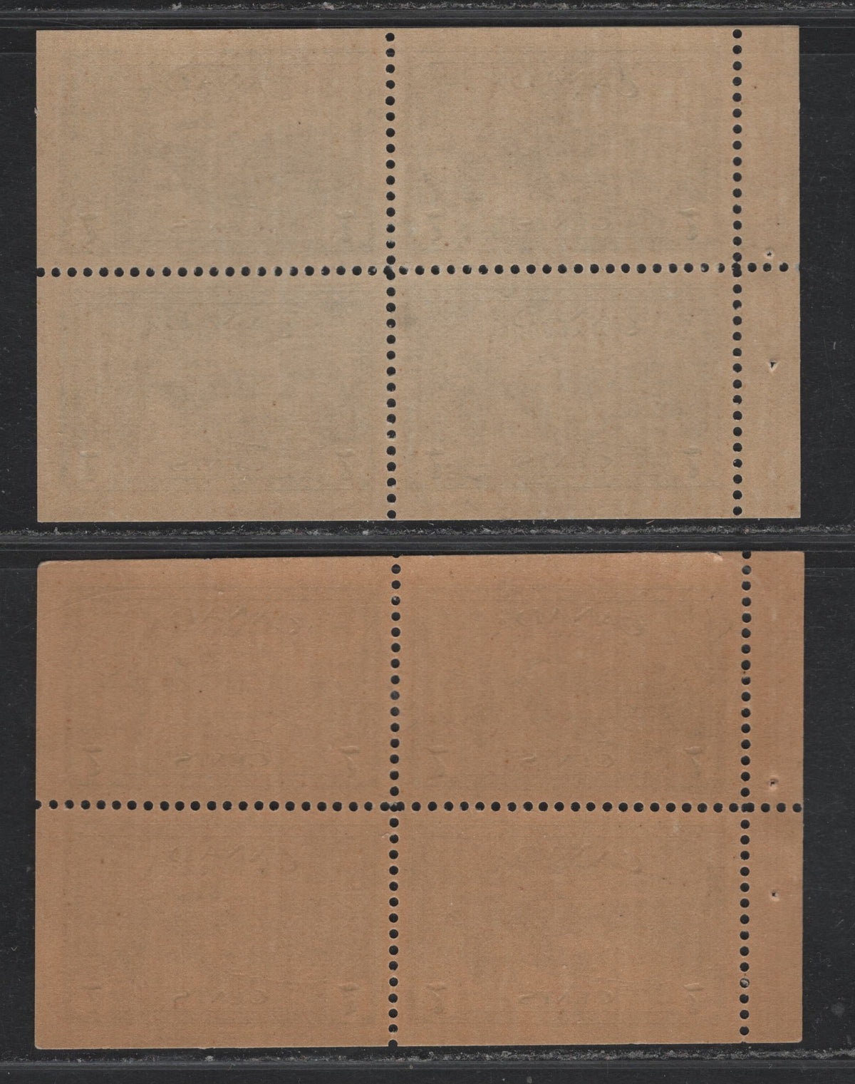 Lot 309 Canada #C9b 7c Deep Bright Blue , 1946 Airmail Issue, 2 VFNH Booklet Panes Of 4, Ribber Vertical Wove With Smooth Felt Side (CBN-BBBBBBBB & CBN-ZZZZZZZ), Yellowish Cream & Brownish Cream Gum, Semi Gloss Sheen, 12mm Staple Holes.