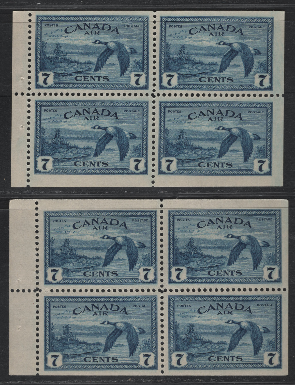 Lot 312 Canada #C9b 7c Deep Blue , 1946 Airmail Issue, 2 VFNH Booklet Panes Of 4, First On Smooth Translucent Vertical Wove (CBN-AAAAAAAA & CBN-ZZZZZZZ), Visible Ribbing On Back, Smooth Yellow Gum, Second On Slightly Thicker Paper With Streaky Yellow Gum.