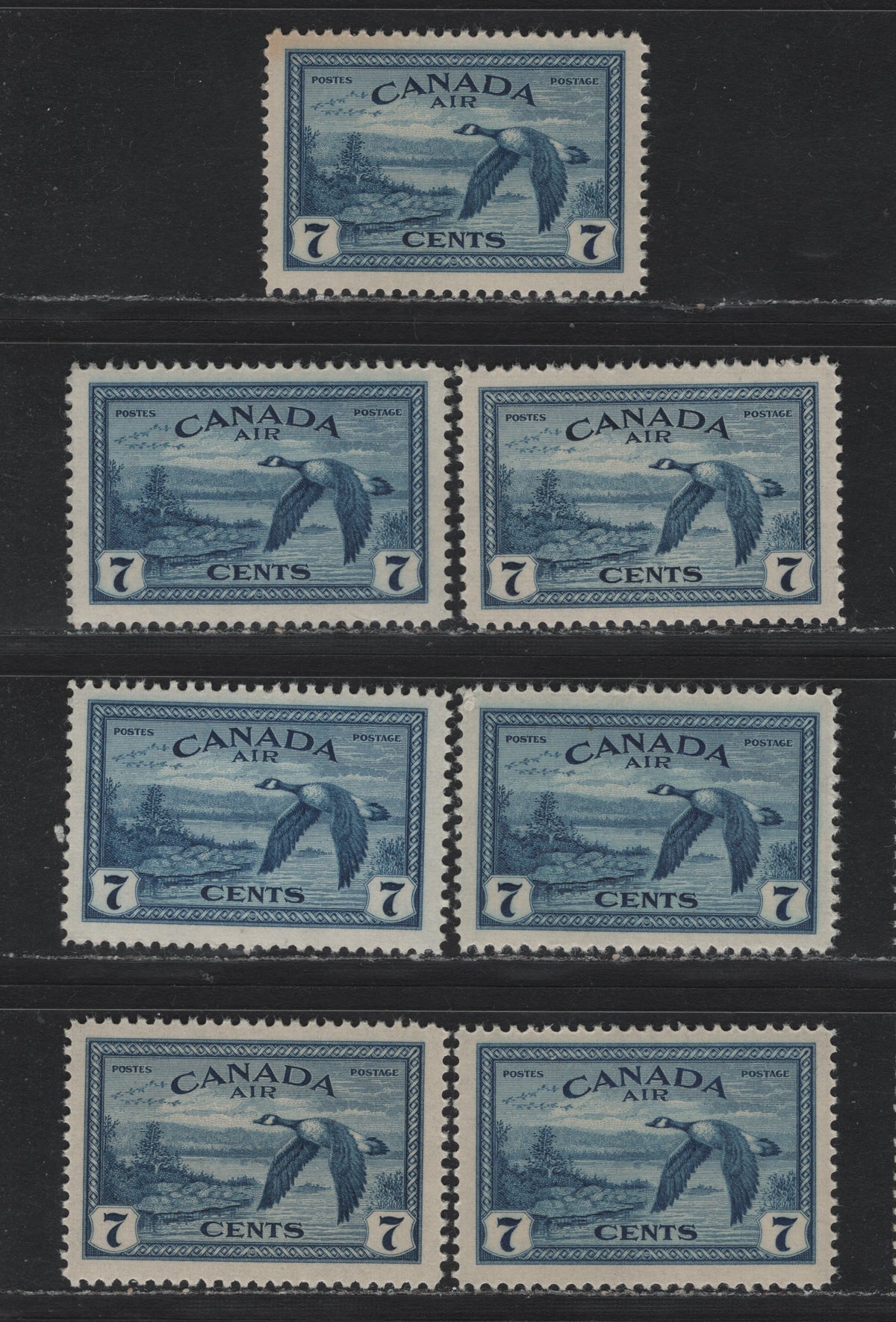Lot 314 Canada (C)#C9 7c Blue , 1946 Airmail Issue, 7 VFNH Singles, Different Shades, Paper & Gum Types, CBN-YYYYYYY, CBN-CCCCCCCC, CBN-SSSSS, CBN-DDDDDDDD & CBN-RRRRR Papers