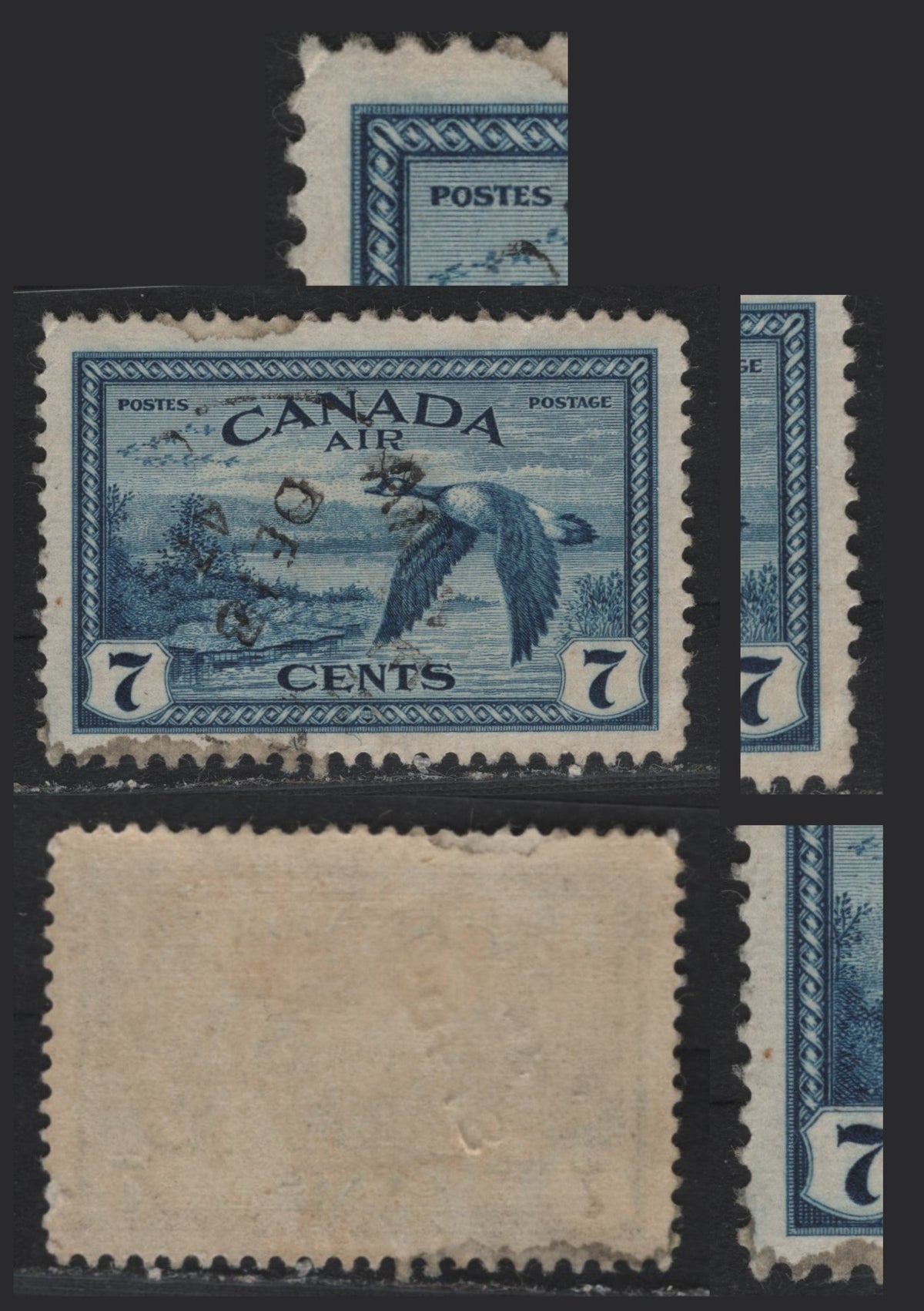 Lot 322 Canada #C9ii 7c Deep Blue , 1946 Airmail Issue, A Very Fine Used Single, 1947 Printing Showing Major Re-Entry In Which Both Framelines Are Doubled And UL Corner
