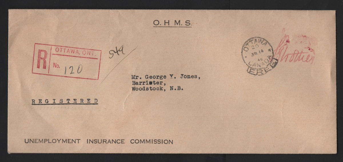 Lot 329 Canada, A Very Fine Used OHMS Registered Cover, Sent From Unemployment Insurance Commission To A Lawyer In Woodstock, Illustrating Legitmate Use Of The Government Free Mailing Priviledge